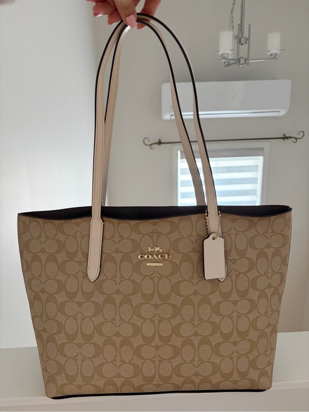 Coach Beige Signature Canvas Avenue Tote with Leather Trim
